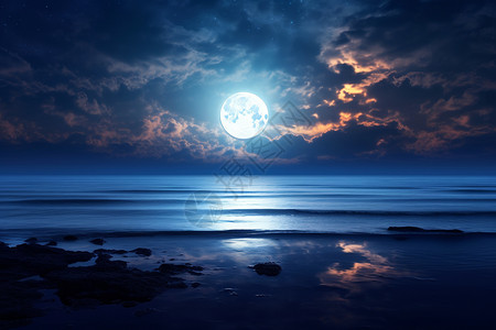 满月之夜夜空下平静的海面设计图片
