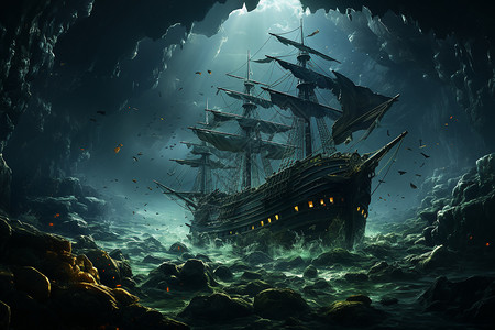 巨型海洋蝠鲼翻涌海面上的巨型帆船插画