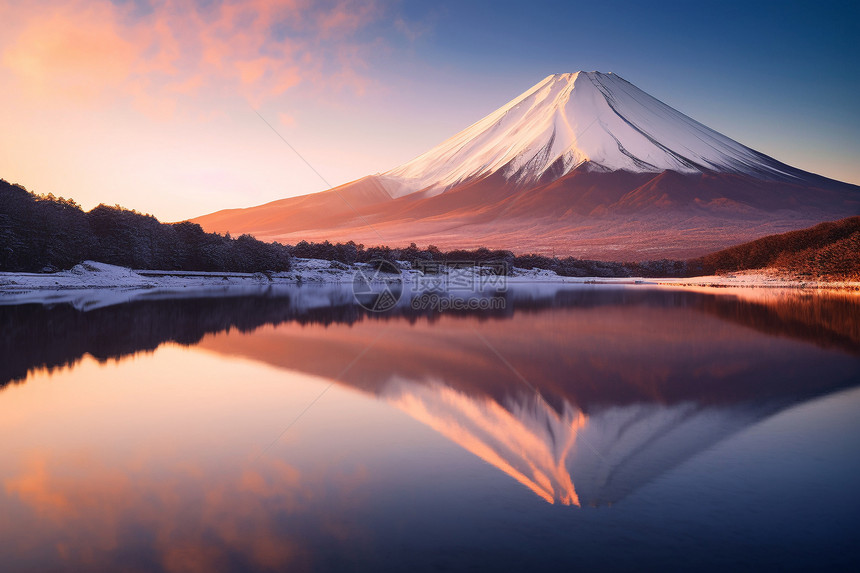 冬季夕阳下的富士山景观图片