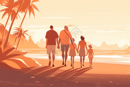 幸福海边度假的一家人背景图片