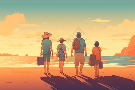 散步的一家人海边度假的一家人的插图插画