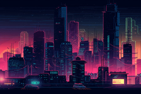 霓虹色城市建筑插图背景图片