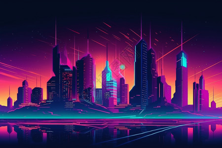 创意霓虹色城市建筑插图背景图片