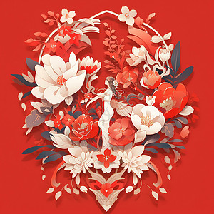 心形花纹精致的红色剪纸艺术品插画