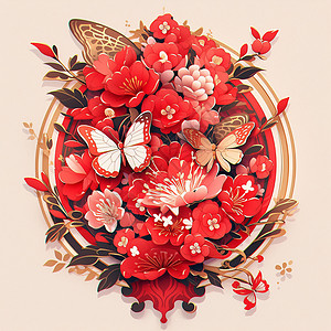 剪纸艺术品上的蝴蝶和花朵背景图片