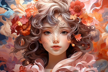 粉色花卉与美少女背景图片