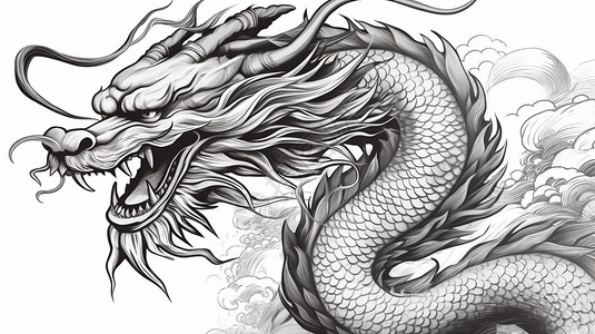 中国龙纹身线条优美的龙画像插画