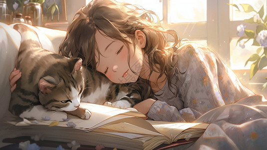 看书睡着的女孩插画