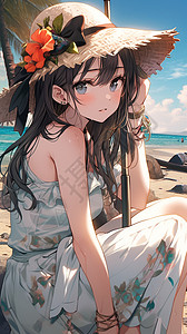 海边戴帽子的女孩背景图片
