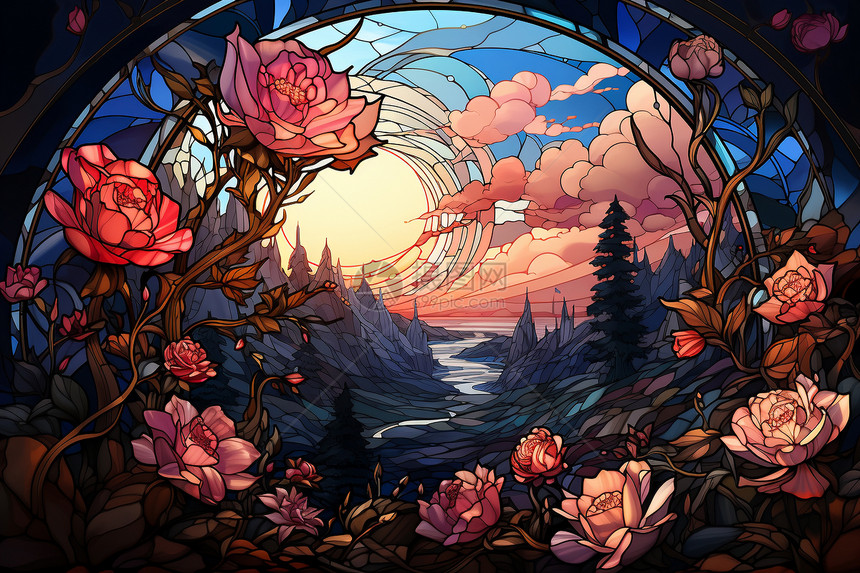 彩色玻璃环绕着的鲜花艺术插画图片