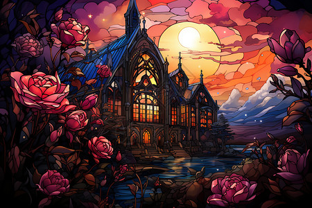 彩色玻璃建筑彩色玫瑰和欧式建筑插画