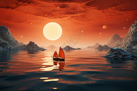 日出湖面的船图片
