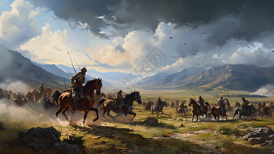 蒙古骑马厮杀的战士插画