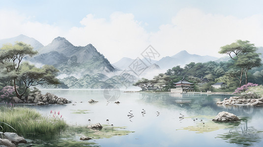 桃花源风景郊外风景插画