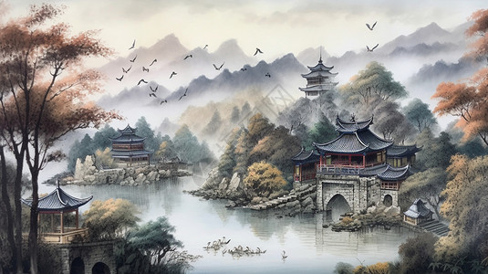 雄伟的建筑国画山水插画