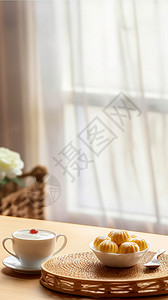 白色简约厨房桌台白色窗帘木纹彩色桌面桌一些甜点背景