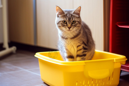 专注的猫卫生垃圾篮高清图片