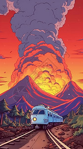 火山下的火车背景图片