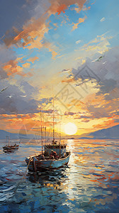 渔船海海面上的渔船插画
