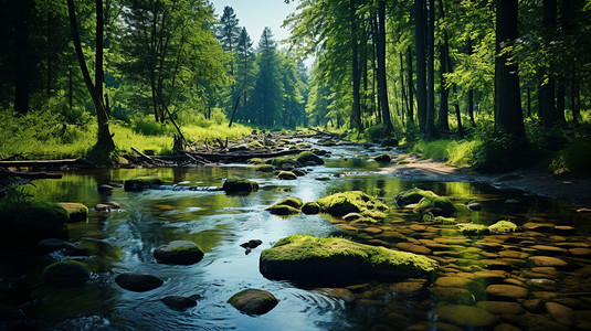 森林里的河流蓝天高清图片素材