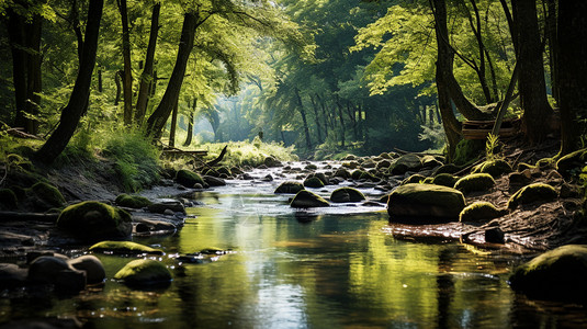 树林里的溪流树木高清图片素材
