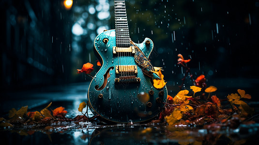 秋天下雨下雨街道上的吉他设计图片