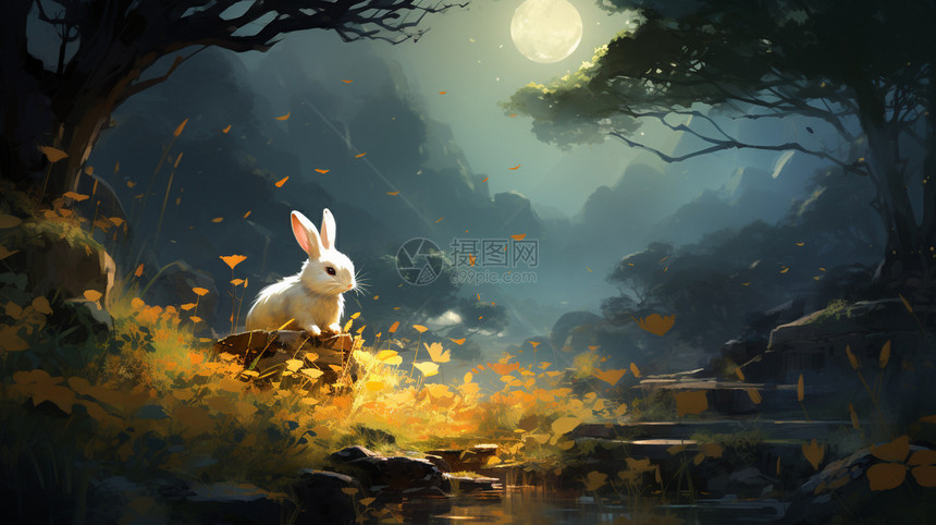 树林里的兔子插画图片