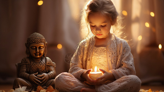 祈祷的小女孩捧着蜡烛的小女孩背景