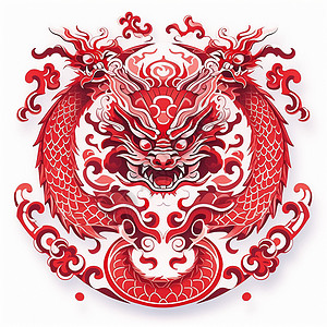 龙年传统恭喜发财剪纸神话般的红龙插画