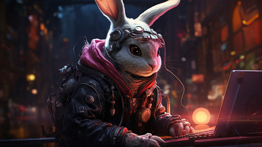 键盘操作操作笔记本电脑的兔子插画