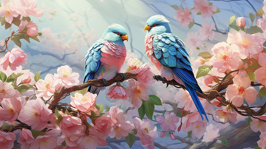 两只喜鹊喜鹊站在桃花枝上插画