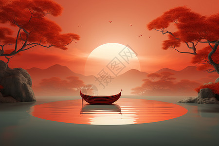 橙色的树橙色船上的孤独之旅设计图片