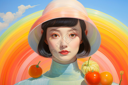 白色背景下的水果彩虹背景下的女子插画