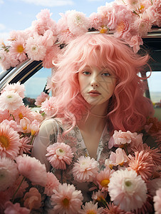 花环仙境女孩在粉色鲜花中背景