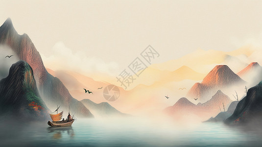 山鸟在山水间穿行的船插画