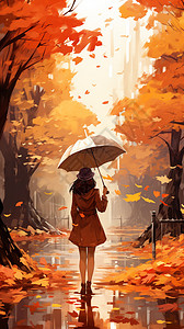 女孩撑着伞走过落叶的道路背景图片