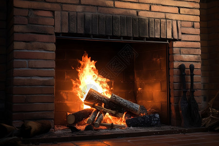 点燃的壁炉点燃木柴高清图片