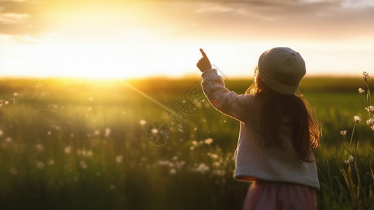 太阳插图夕阳下的小女孩背景