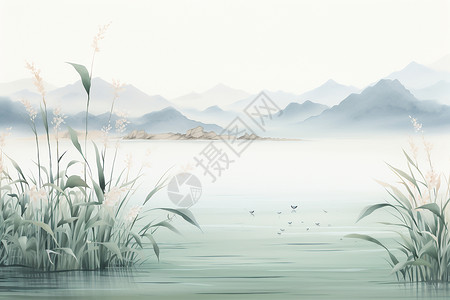 野生候鸟山脉和宁静湖面插画