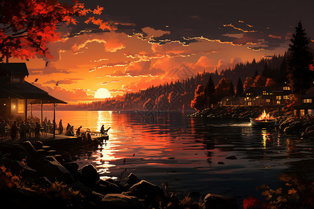 夕阳下的湖边平面插图图片