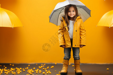 前翼夹克黄色墙壁前撑雨伞的小女孩背景