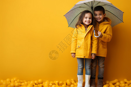 秋季撑雨伞的兄妹图片