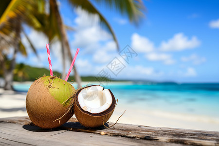 沙滩上木桌上美味的椰子背景图片