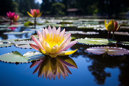花园池塘中盛开的莲花背景图片