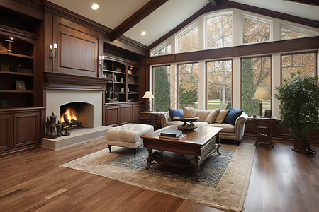 别墅客厅的木质装潢背景图片