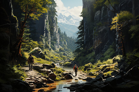 岩石山谷中结伴同行的旅行者背景图片