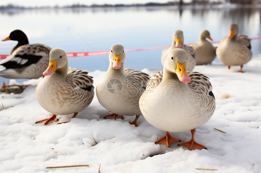 雪地上的野鸭群图片