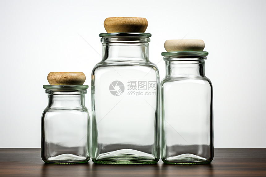 木桌上的空玻璃罐子图片