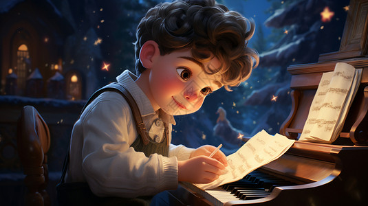 卡通男孩弹钢琴背景图片