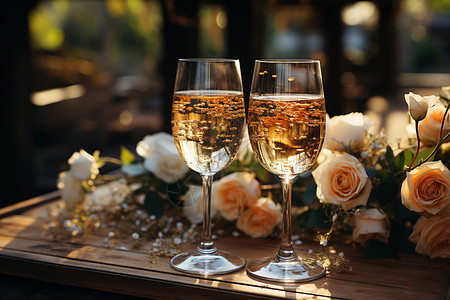 两杯香槟酒和玫瑰图片